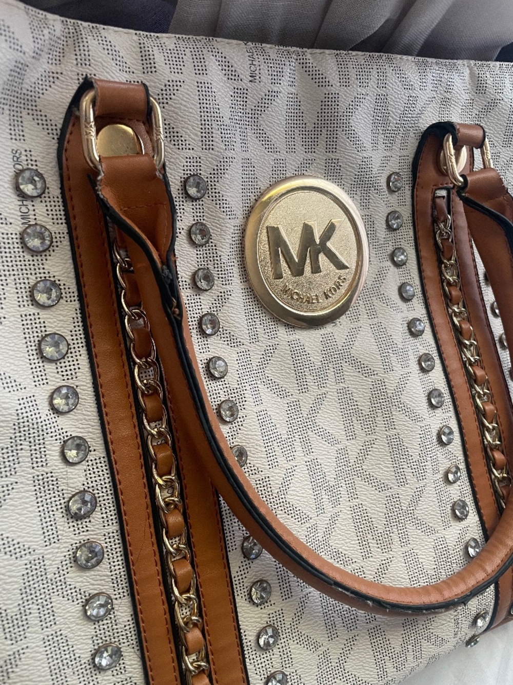 Michael Kors | Vanilla MK Monogram & Brown Leather Trim Bag